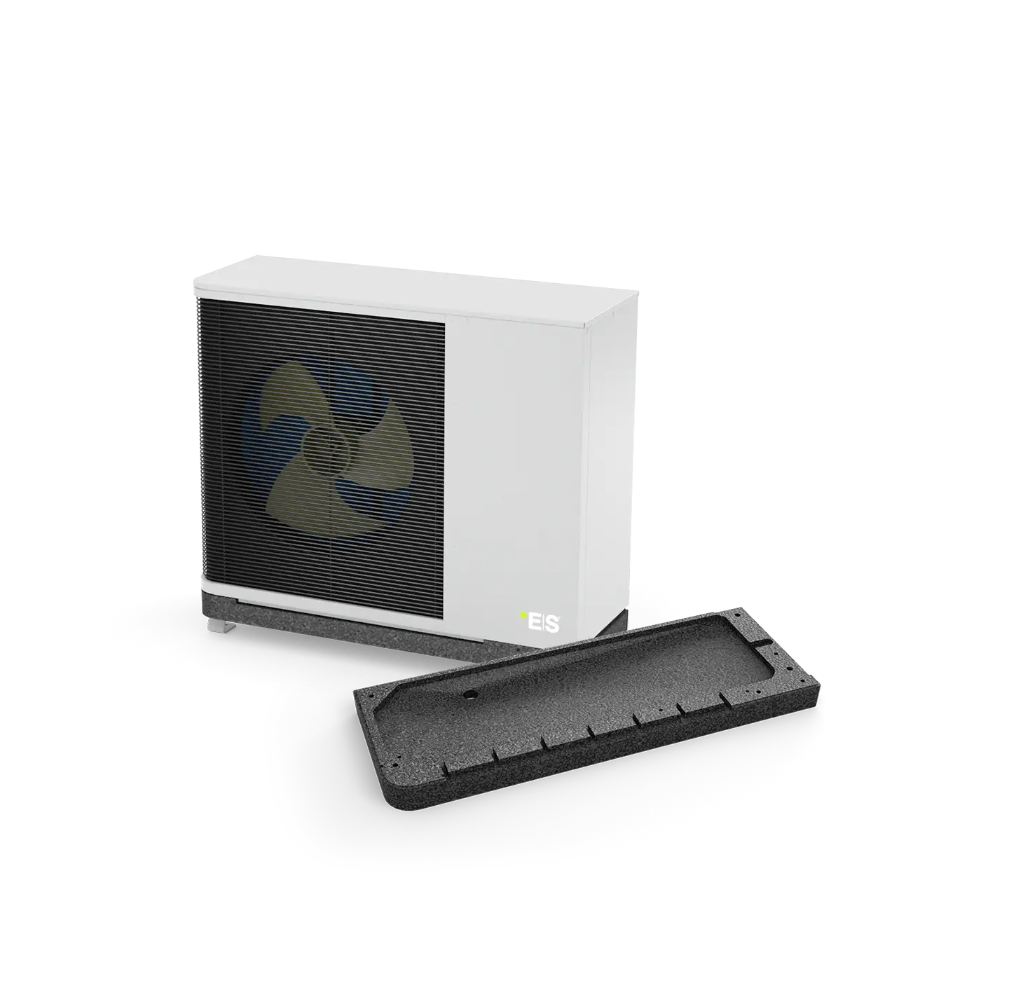 Energy Save Drain Pan Kit, mounted on outdoor unit and next to it.