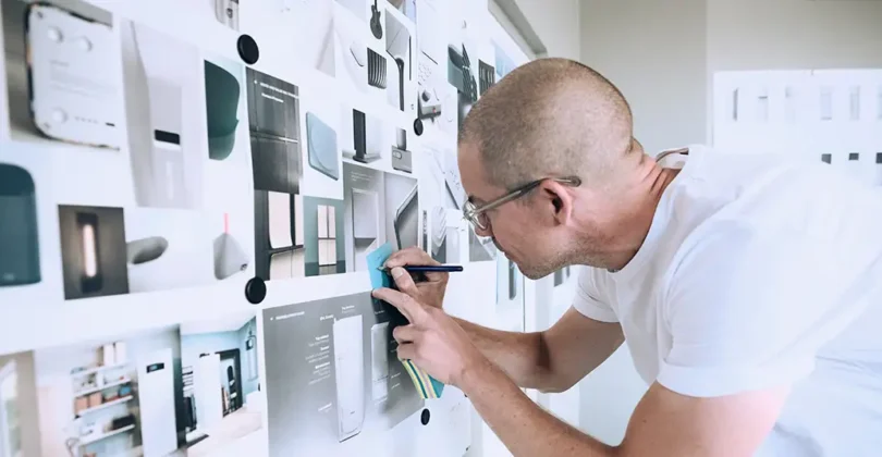 Designer adding notes to a wall of product sketches and concept images during the heat pump design process.