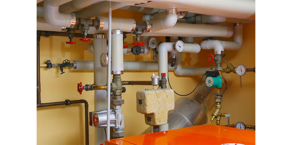 hvac pipework and circulation pumps in a boiler room