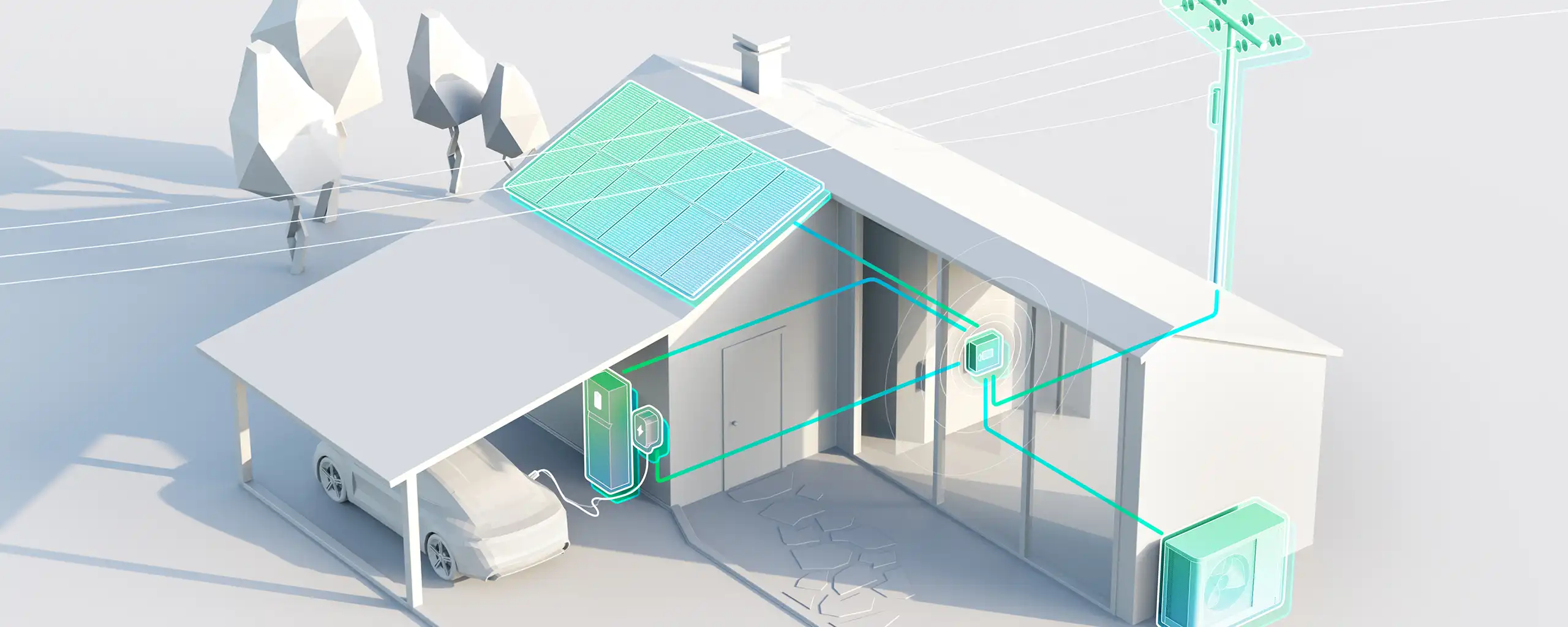 Smart home energy management system with solar panels, EV charging and heat pump integration.