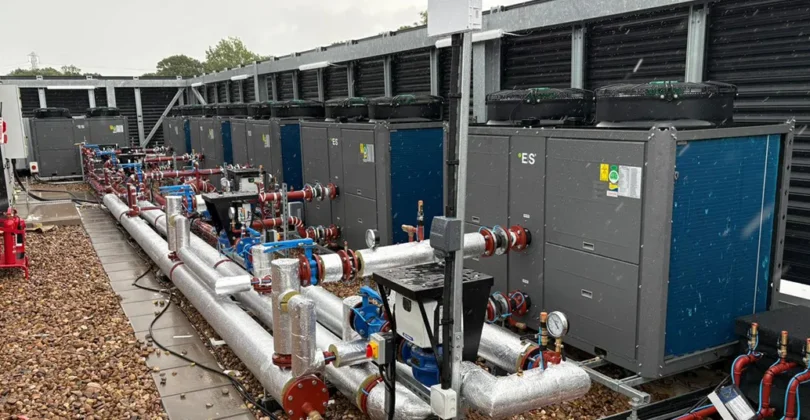 Several commercial heat pumps on the roof of a hotel