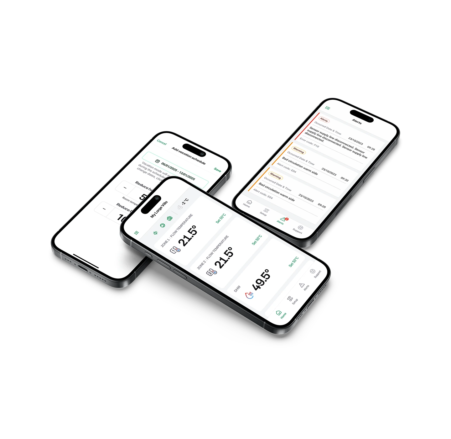 ES app for remote control, showing on three smartphones,