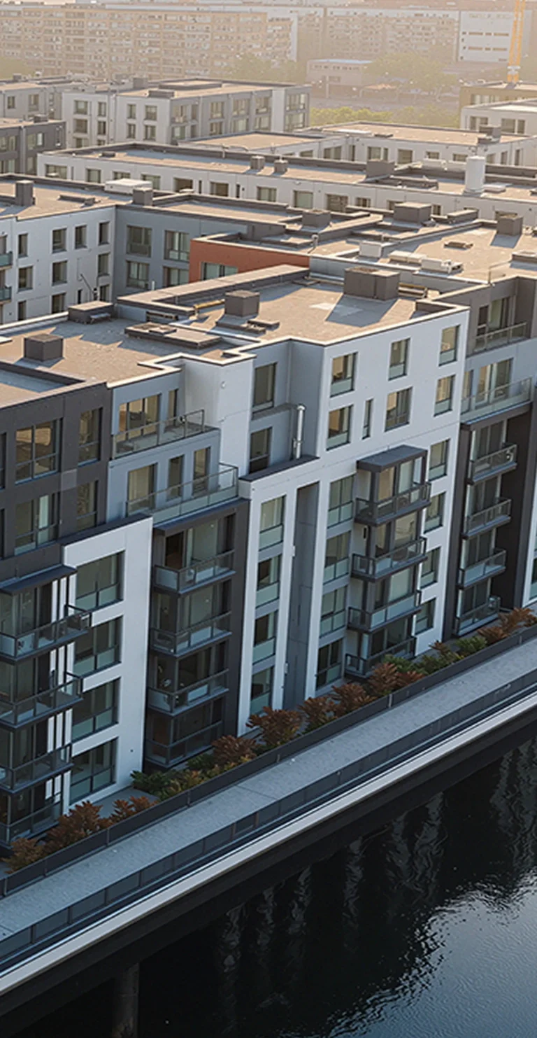 Beautiful area with apartment buildings near water, showing commercial buildings.